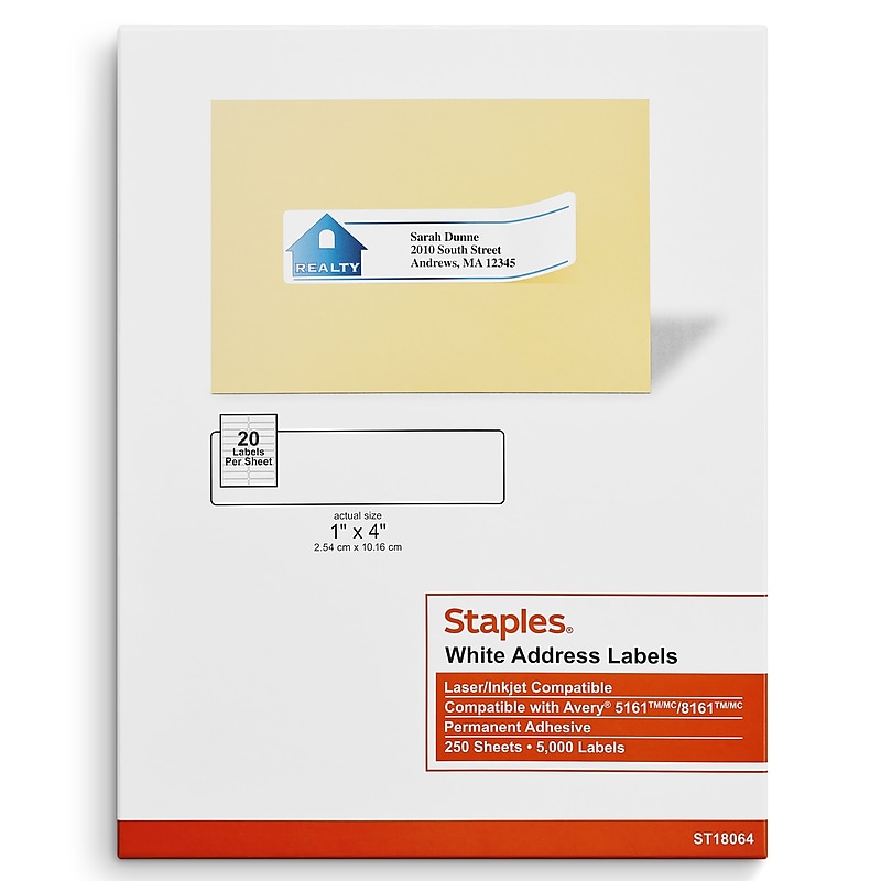 Staples Laser/Inkjet Address Labels, 1" x 4", Bright White, 20 Labels/Sheet, 250 Sheets/Box, 5000 Labels/Box (ST18064-CC) image 1