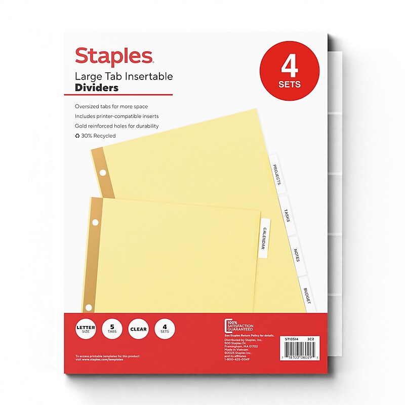 Staples Large Tab Insertable Paper Dividers, Clear, 5-Tabs, 4 Sets (13514/14480) image 1