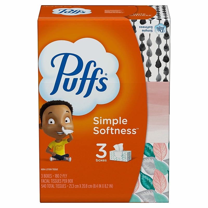 Puffs Basic Facial Tissue, 2-ply, 180 Tissues/Box, 3 Boxes/Pack (87615) image 1