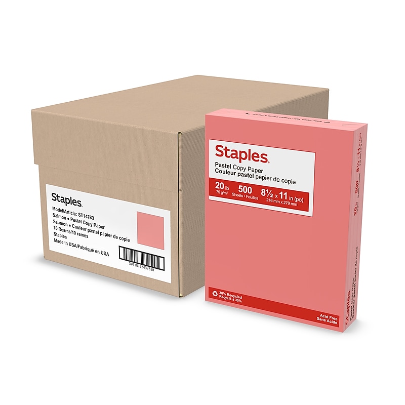 Staples Pastel 30% Recycled Color Copy Paper, 20 lbs., 8.5" x 11", Salmon, 500 Sheets/Ream, 10 Reams/Carton (073030CT) image 1