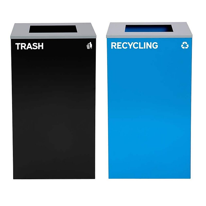 Alpine Industries Steel Open Top Recycling and Trash Can Set with Square Lid, 29 Gallon, Black/Blue, 2/Pack (ALP4450-BLK-KIT1) image 1