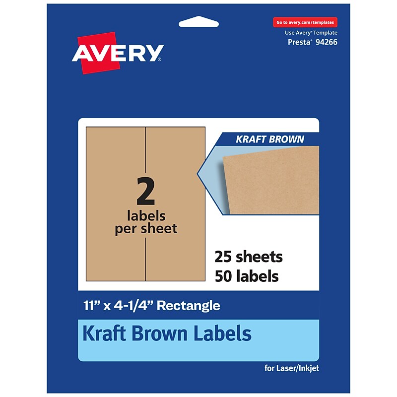 Avery Laser/Inkjet Rectangle Multipurpose Labels, 11" x 4.25", Kraft Brown, 50 Labels/Pack ( 94266) image 1