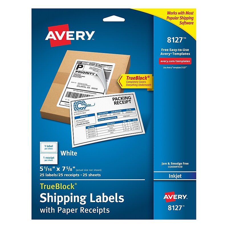 Avery TrueBlock Inkjet Shipping Labels with Paper Receipts, 5-1/16" x 7-5/8", White, 25 Labels/Pack (8127) image 1