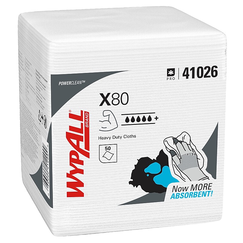 WypAll PowerClean X80 Nylon Cleaning Wipers, 12" x 12.5", White, 50 Wipers/Box, 4/Carton (41026) image 1