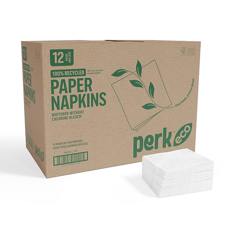 Perk™ Eco Recycled Lunch Napkin, 1-ply, White, 400 Napkins/Pack, 12 Packs/Carton (CW20179-CT) image 1