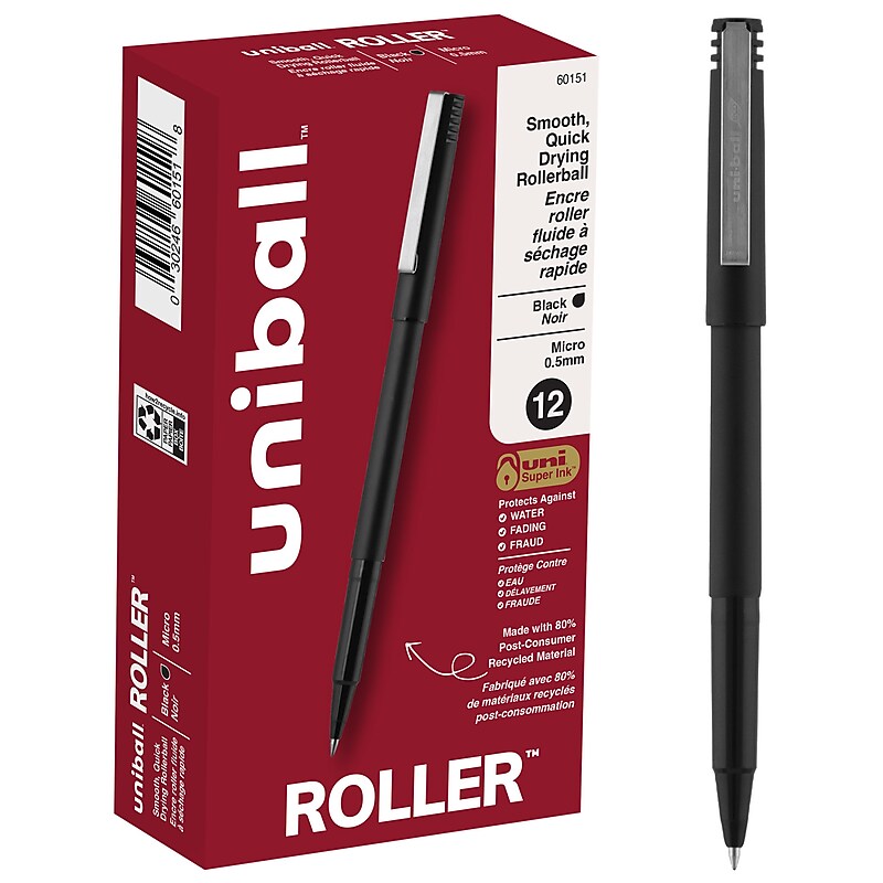 uni-ball Rollerball Pens, Micro Point, Black Ink, Dozen (60151) image 1