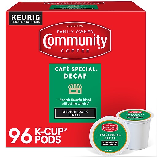 Community Coffee Cafe Special Decaf Coffee, Keurig KCup Pod, MediumDark Roast, 96/Carton