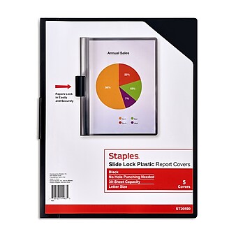 Staples Slide Locking Report Covers, Letter, Black, 5/Pack (20590)