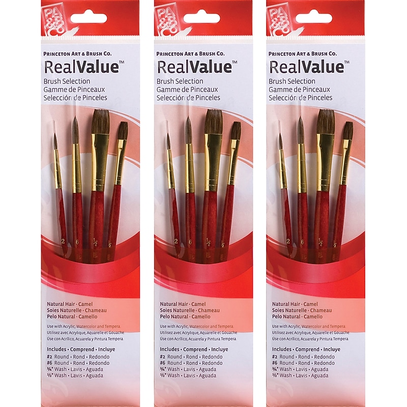 Princeton RealValue Mixed Media Natural Camel Variety Brush Set, Red, 4/Set, 3 Sets/Bundle (PBXPR9121-3) image 1