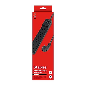 Staples TECH 6-Outlet Surge Protector, 6', 1800 Joules, Black