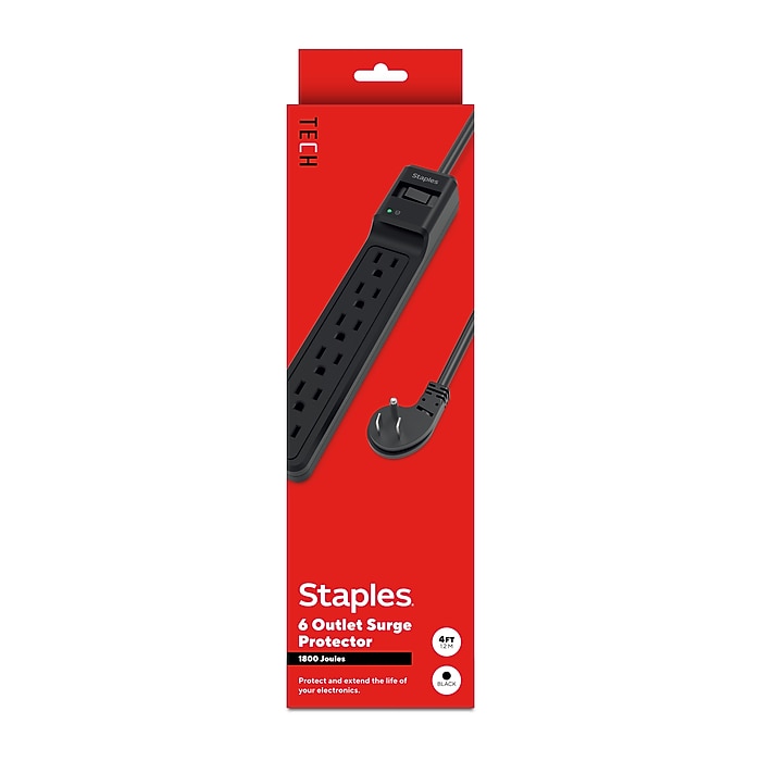 Staples TECH 6-Outlet Surge Protector, 4', 1800 Joules, Black