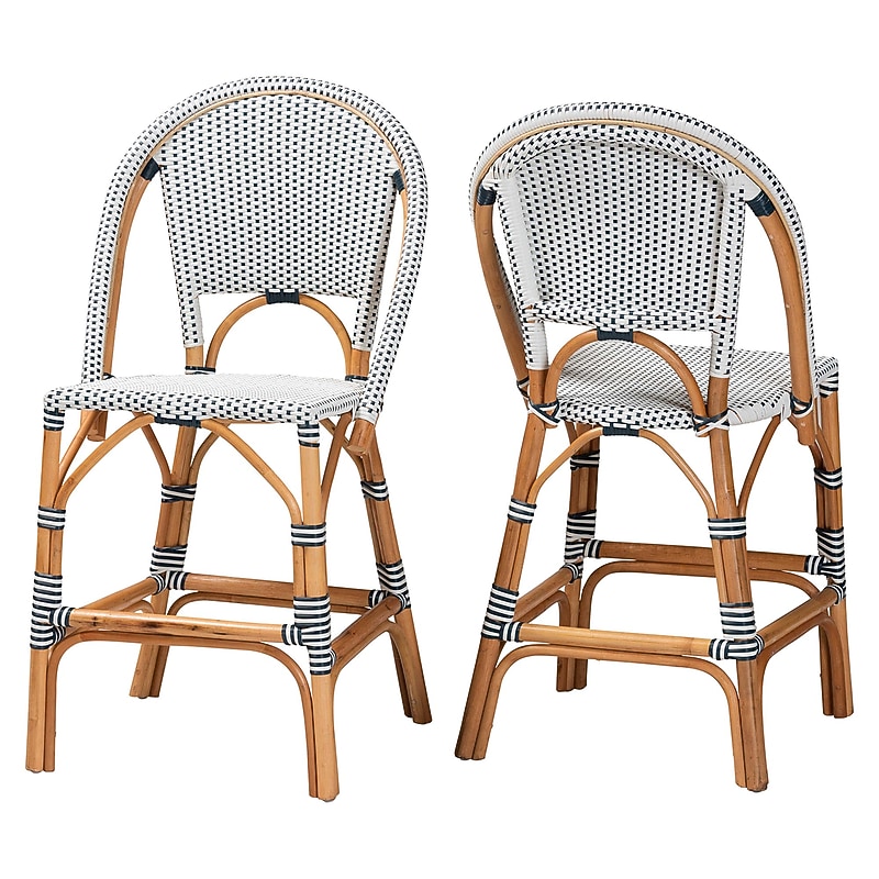 bali & pari Genica French Natural Rattan Counter Stool, Blue/White/Natural Rattan, 2/Set (251-2P-13956-HT) image 1
