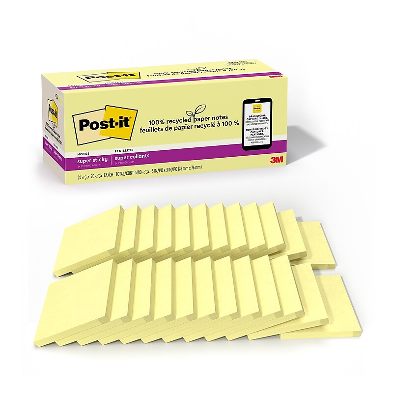 Post-it Recycled Super Sticky Notes, 3" x 3", Canary Collection, 70 Sheets/Pad, 24 Pads/Pack (654R-24SSCY-CP) image 1