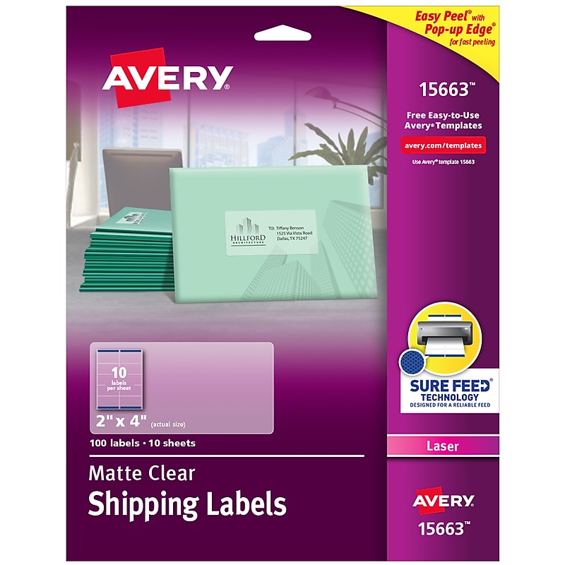 Avery Easy Peel Laser Shipping Labels, 2" x 4", Clear, 100 Labels/Pack (15663) image 1