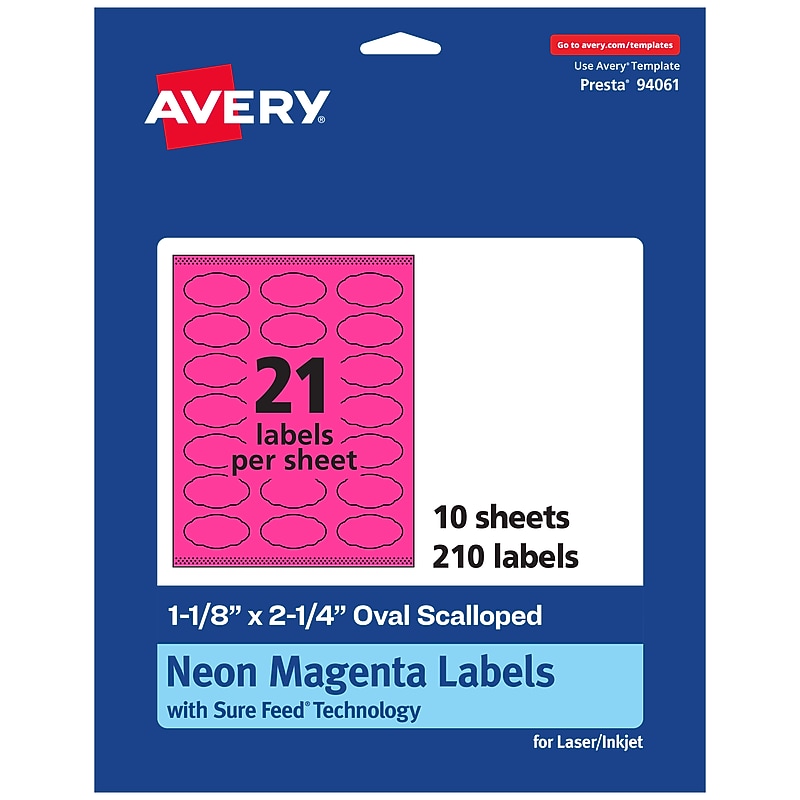 Avery Oval Scalloped Laser/Inkjet Multipurpose Labels, 1-1/8" x 2-1/4", Neon Magenta (210/Pack) image 1