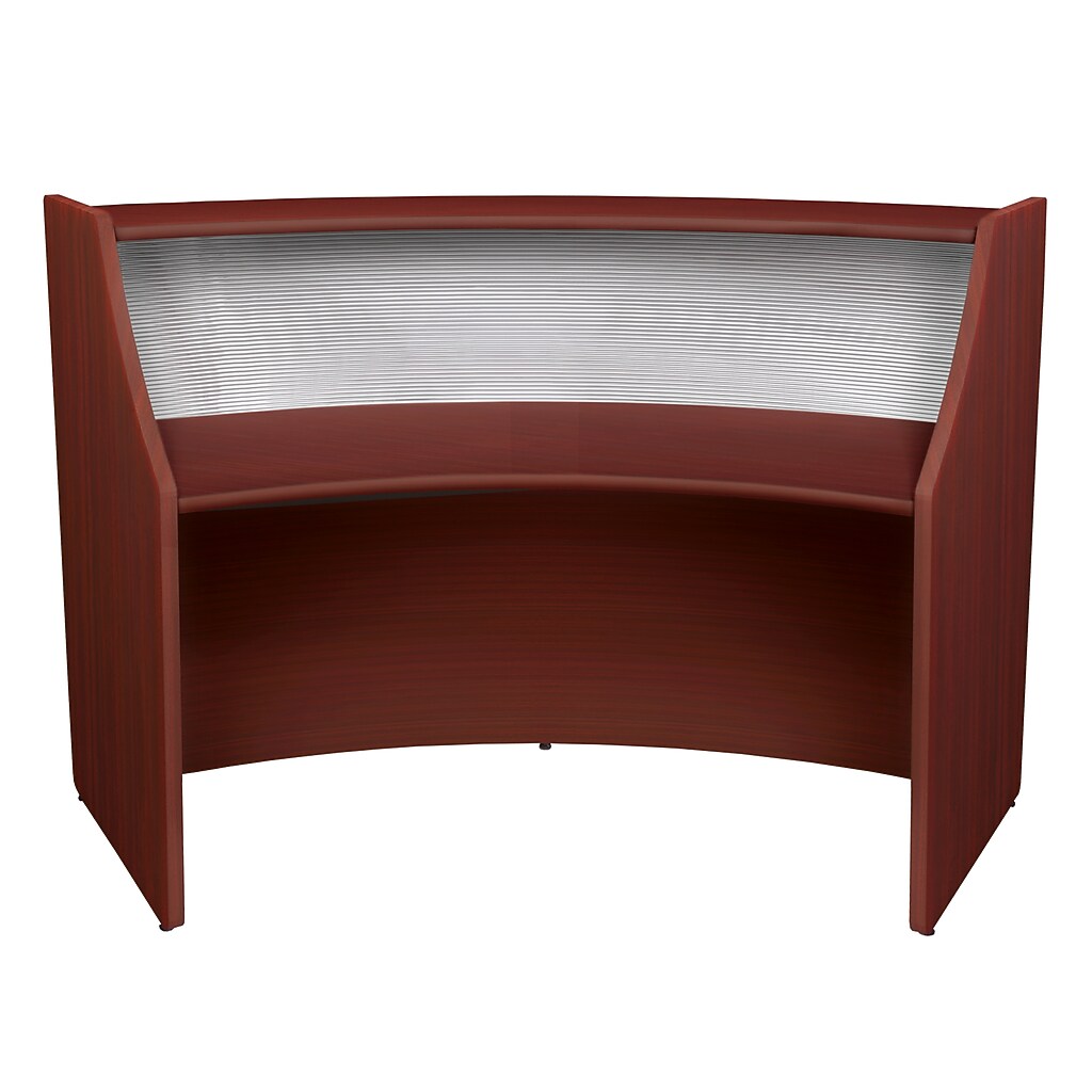 close-up of curved wooden reception desk front