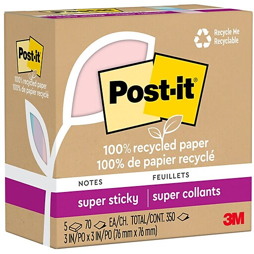 Postit Recycled Super Sticky Notes, 3" x 3", Wanderlust Pastels Collection, 70 Sheet/Pad, 5