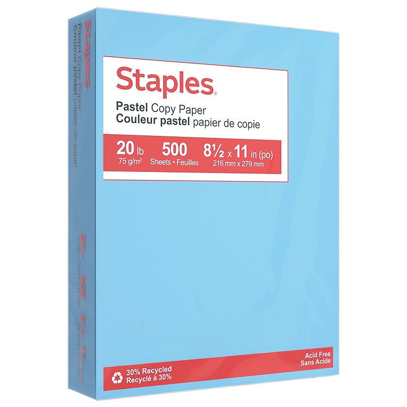 Staples Pastel 30% Recycled Color Copy Paper, 20 lbs., 8.5" x 11", Blue, 500/Ream (14786) image 1