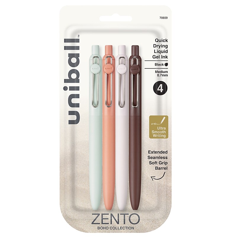 uni-ball Zento Retractable Gel Pen, Medium Point, 0.7mm, Black Ink, 4 Pack (70659) image 1