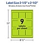 Avery Laser/Inkjet Multipurpose Square Labels, 2.5" x 2.5", Bright Green, 180/Pack (94104)~#|#~41E374AC-0245-44BF-BF0335379597E350_sc7
