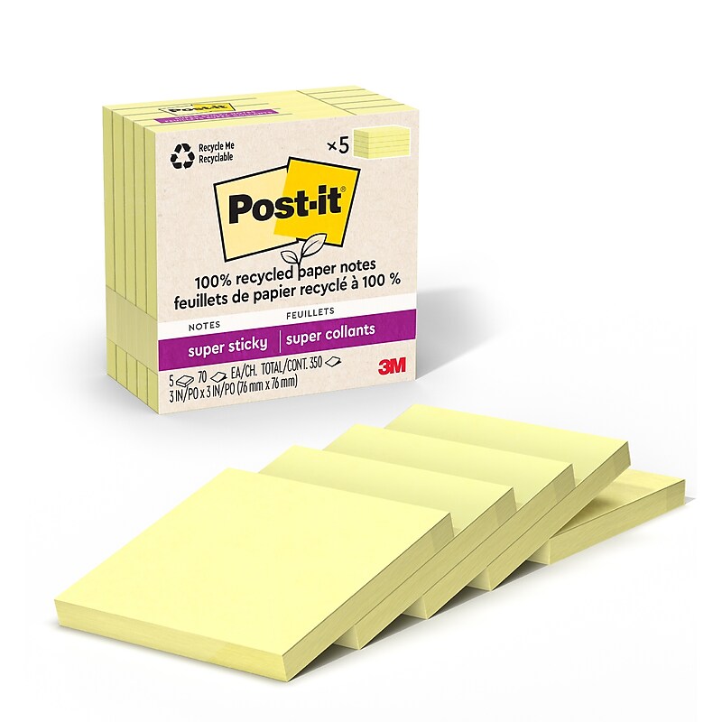 Post-it Recycled Super Sticky Notes, 3" x 3", Canary Collection, 70 Sheets/Pad, 5 Pads/Pack (654R-5SSCY) image 1