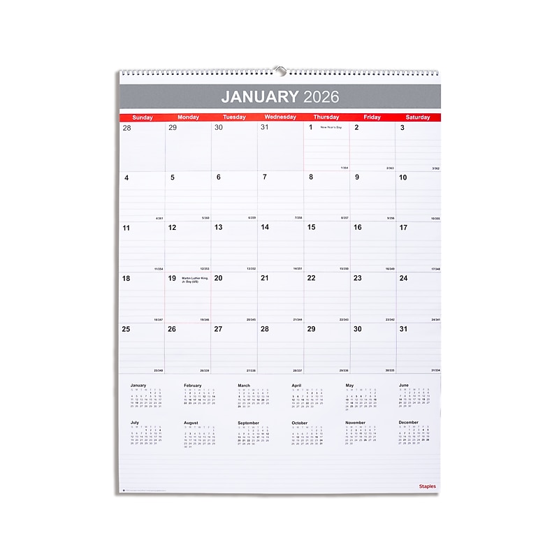 2026 Staples 22.19" x 29" Monthly Wall Calendar, White/Red/Gray (ST63005-26) image 1