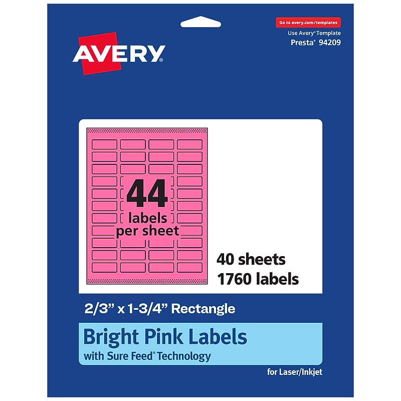 Avery Laser/Inkjet Rectangle Multipurpose Labels, 2/3" x 1-3/4", Bright Pink, 1760/Pack (94209) image 1