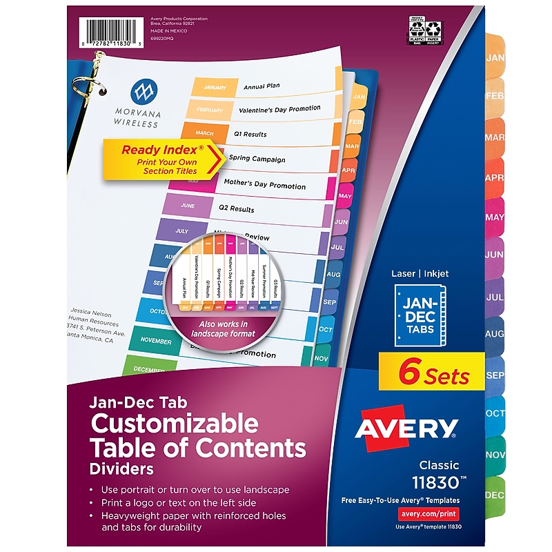 Avery Ready Index Table of Contents Pre-Printed Monthly Paper Divider, Jan-Dec, Multicolor, 6 Sets (11830) image 1