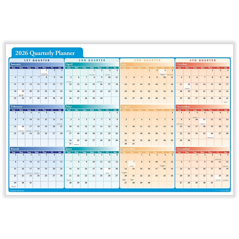 2026 ComplyRight Quarterly Planner 36" x 24" Yearly Dry Erase Wall Calendar, Red/Blue/Orange (J0061) image 1