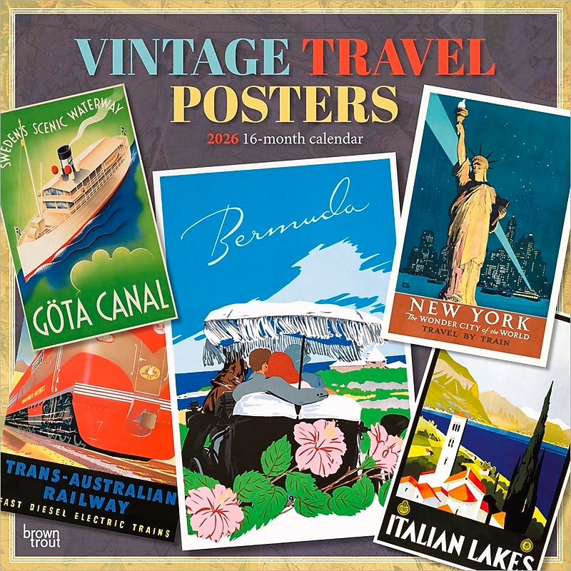 2026 BrownTrout Vintage Travel Posters 12" x 12" Monthly Wall Calendar (9798330706143) image 1