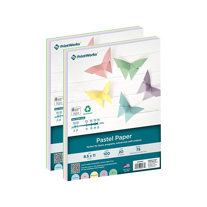 Printworks 30% Recycled  8.5" x 11" Colored Paper, 20 lbs., Assorted Pastel Colors, 100 Sheets/Ream, 2 Reams/Pack (00577) image 1