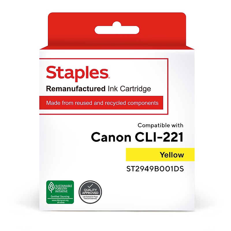 Staples Remanufactured Yellow Standard Yield Ink Cartridge Replacement for Canon CLI-221Y (TR2949B001DS/ST2949B001DS) image 1