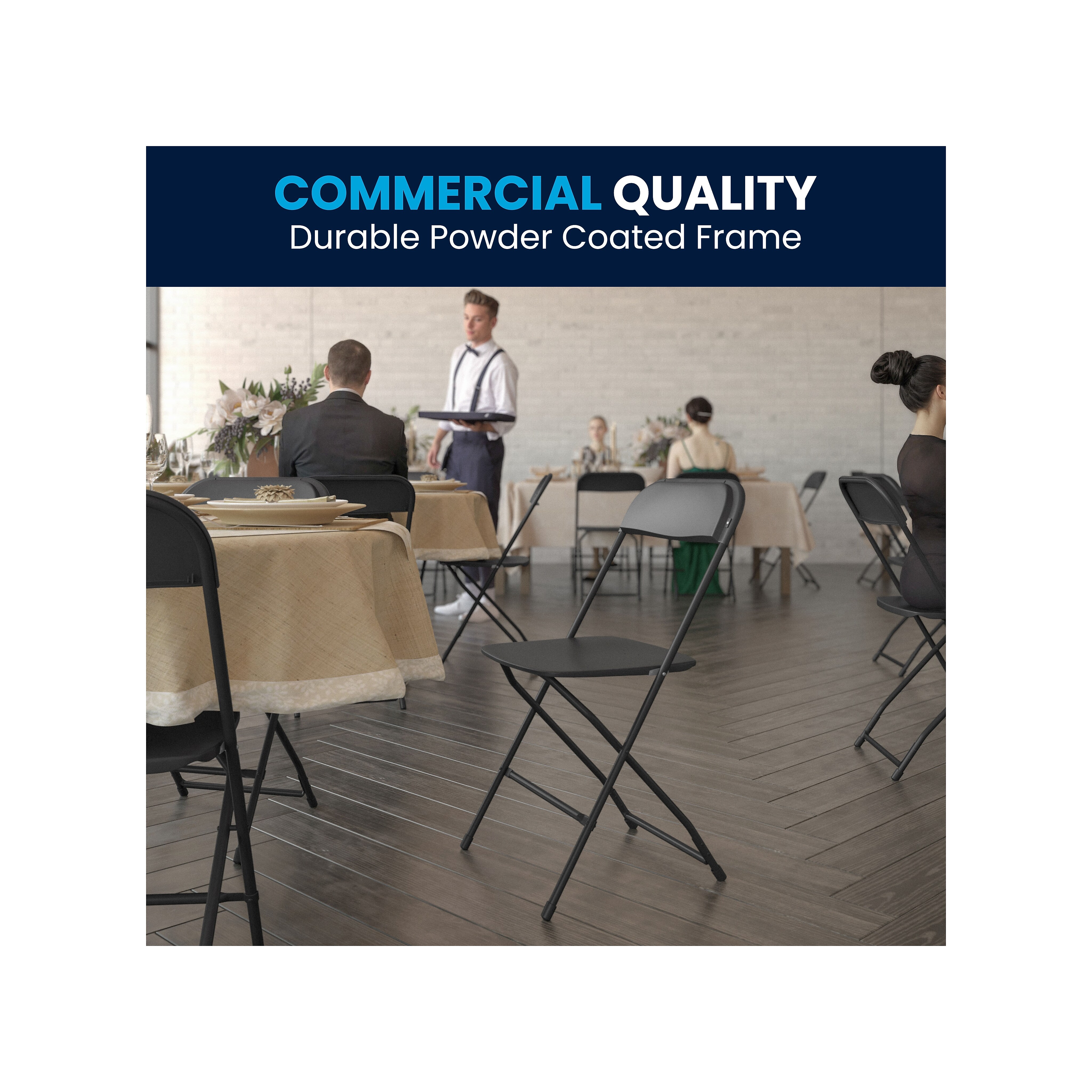 Black folding chairs placed around a dining table indoors.