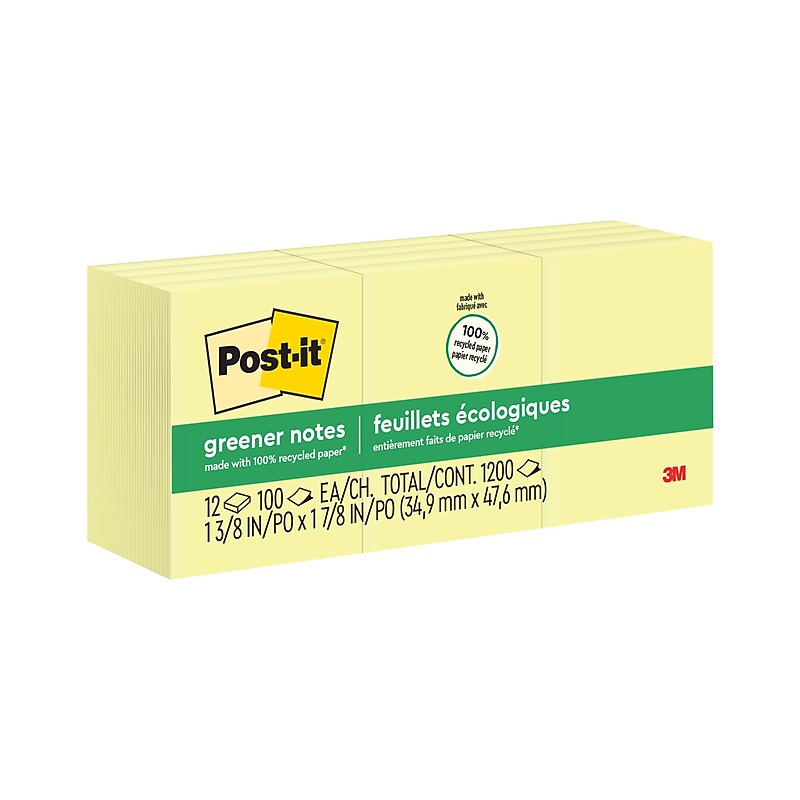 Post-it Recycled Notes, 1 3/8" x 1 7/8", Canary Collection, 100 Sheet/Pad, 12 Pads/Pack (653RPYW) image 1