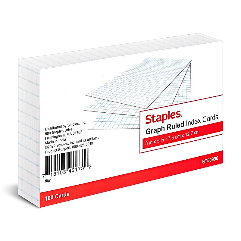 Staples 3" x 5" Index Cards, Graph Ruled, White, 100/Pack (TR50996) image 1