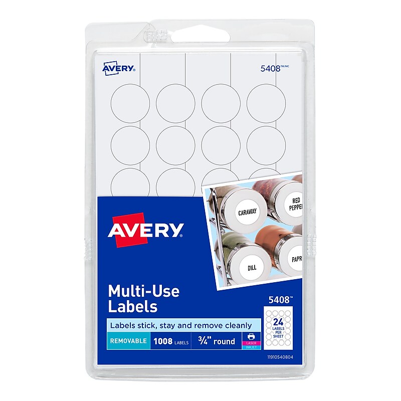 Avery Easy Peel Laser/Inkjet Multipurpose Labels, 3/4" Dia, White, 1,008 Labels/Pack (5408) image 1