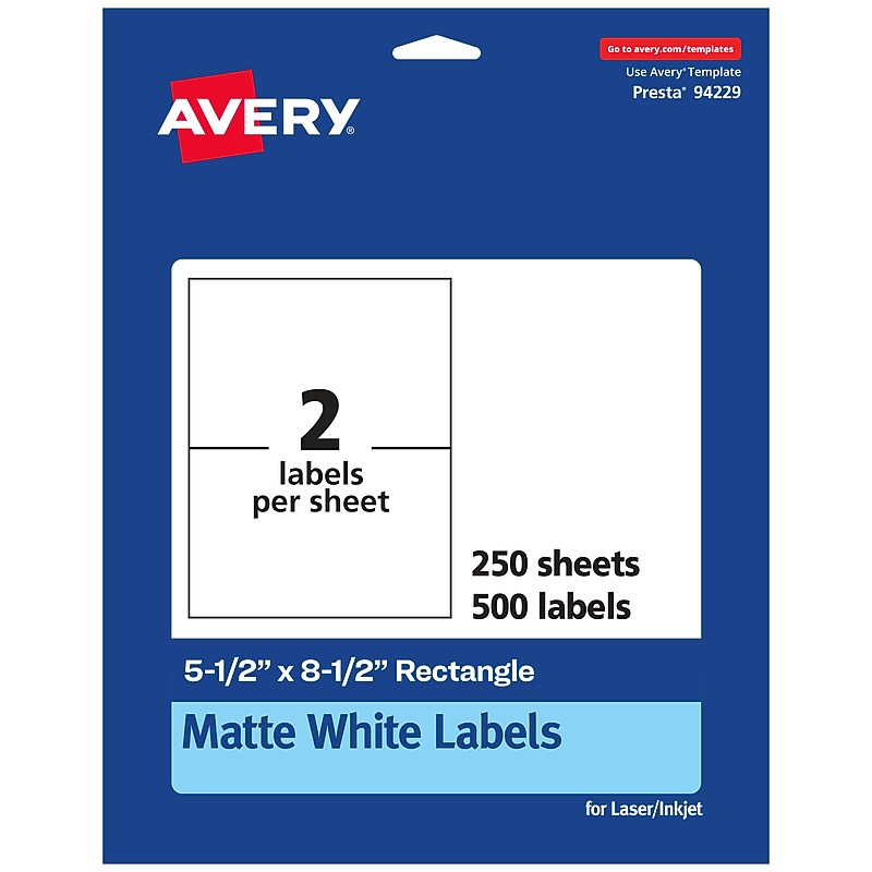 Avery Laser/Inkjet Multipurpose Labels, 5 1/2" x 8 1/2", White, 2 Labels/Sheet, 250 Sheets/Pack (94229) image 1