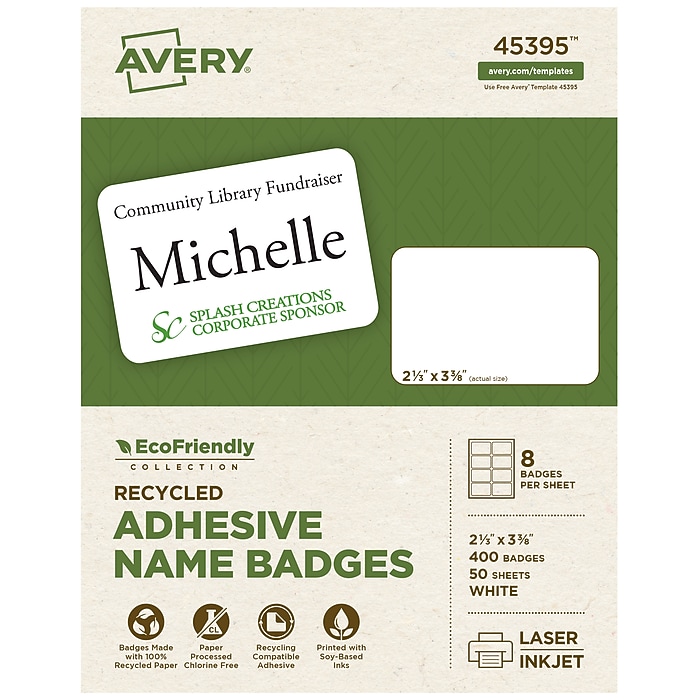 Avery EcoFriendly Sticker Name Tags/Labels, 2 1/3