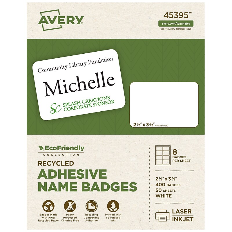Avery EcoFriendly Laser/Inkjet Removable Name Tags, 2 1/3" x 3 3/8", White, 50 Sheets/Pack, 400 Labels/Pack (45395) image 1