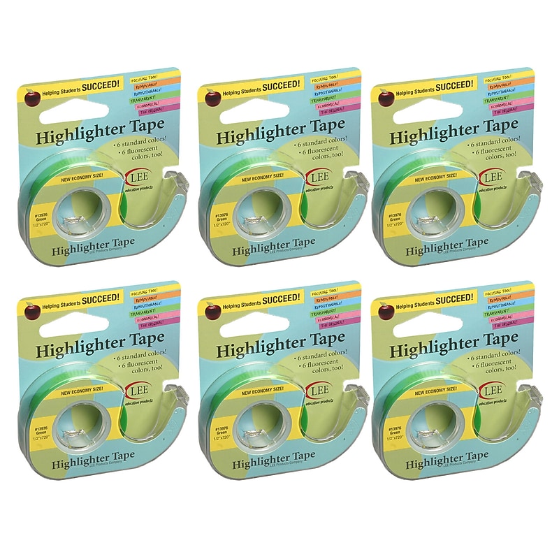 Lee Products Removable Highlighter Tape, 1/2" x 20 Yards, Green, Pack of 6 (LEE13976-6) image 1