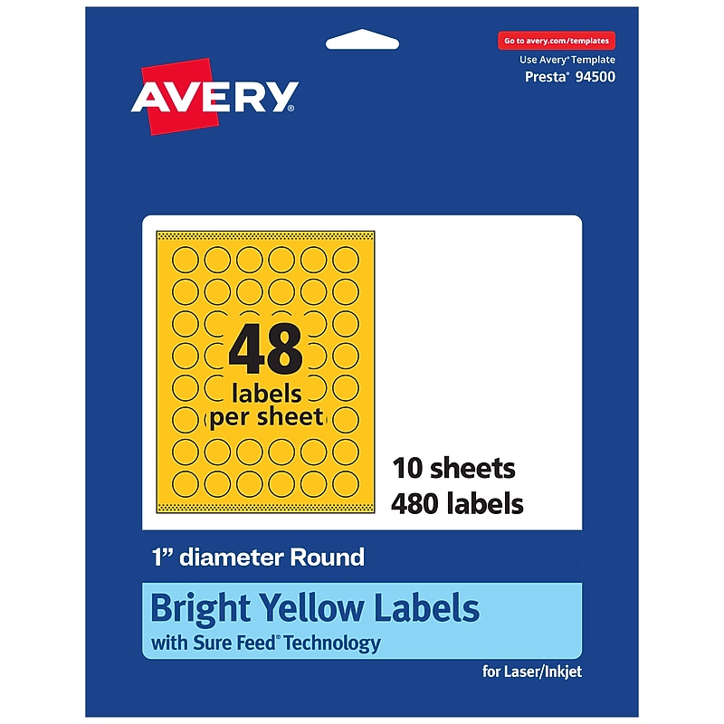Avery Laser/Inkjet Round Multipurpose Labels, 1" Dia., Bright Yellow, 480/Pack (94500) image 1