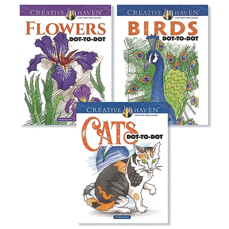 Creative Haven Birds, Cats & Flowers Dot-to-Dot Coloring Book, 30 Pages, 3/Set (19732) image 1