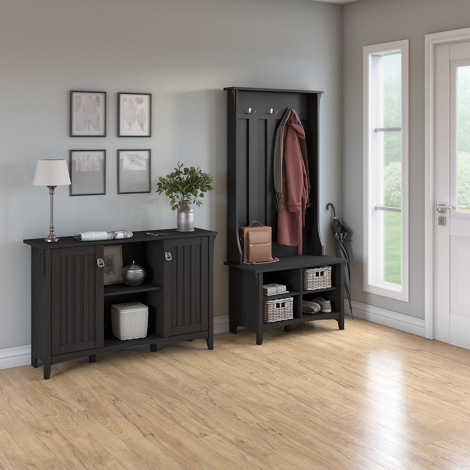 Bush Furniture Salinas Entryway Storage Set with Hall Tree, Shoe Bench and Accent Cabinet, Vintage Black (SAL008VB) Sansujyuku sansujyuku.com