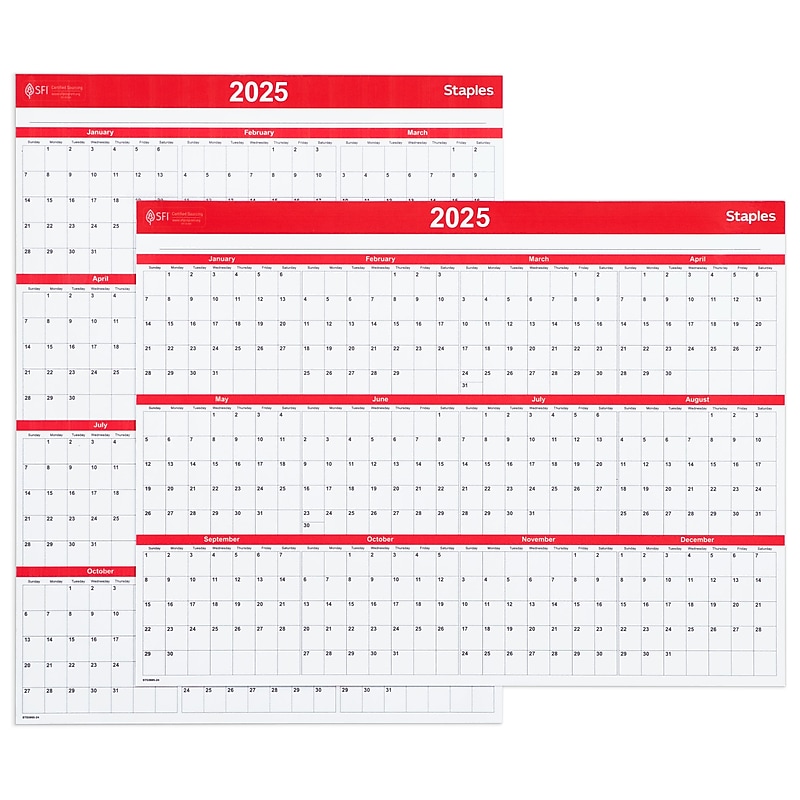 2025 Staples 15.69" x 12" Dry Erase Wall Calendar, Red/White (ST53905-24) image 1