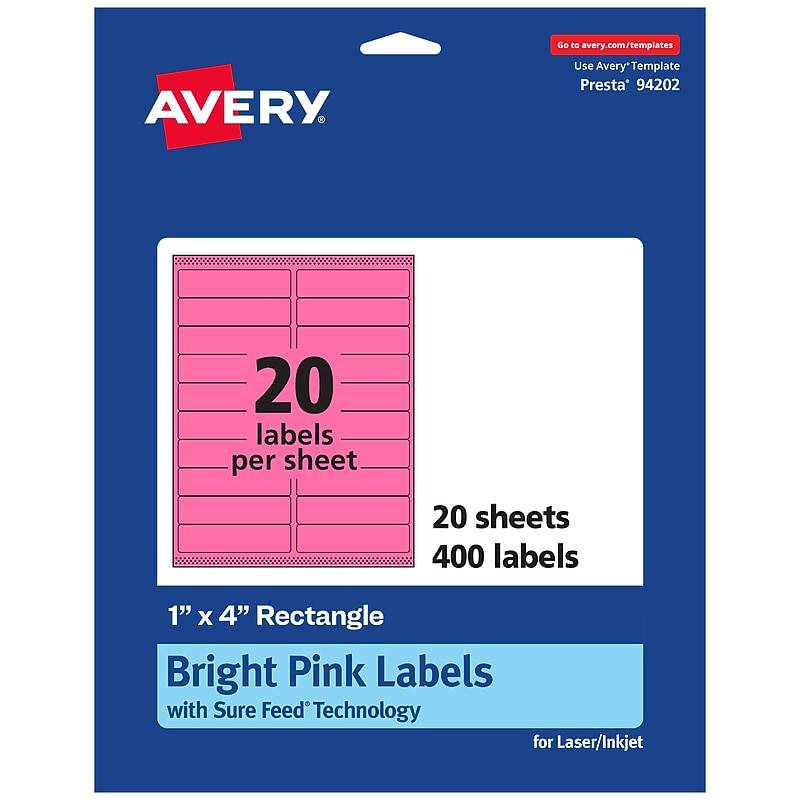 Avery Rectangle Laser/Inkjet Multipurpose Labels, 1" x 4", Bright Pink (400/Pack) image 1