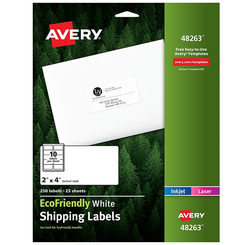 Avery EcoFriendly Laser/Inkjet Shipping Labels, 2" x 4", White, 250 Labels/Pack (48263) image 1