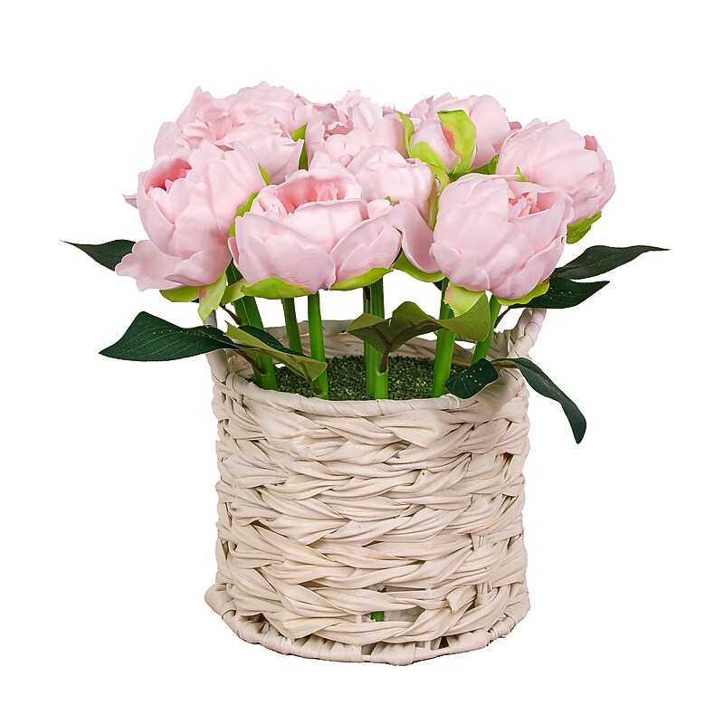 National Tree Company 10" Light Pink Peony Flower Bouquet in White Basket (MT81-06126GPW-1) image 1