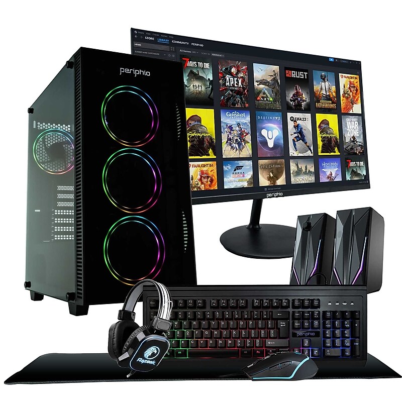 Periphio Terra Gaming Desktop Computer with 24" Monitor, AMD Ryzen 5, Radeon Vega 7, 16GB RAM, 1TB SSD, Windows 11 Pro image 1