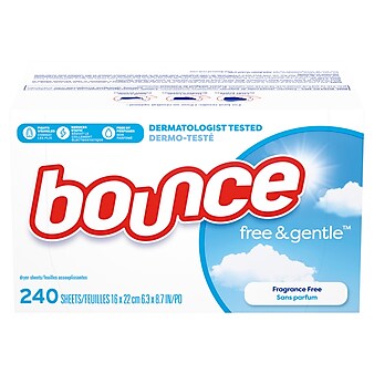 Bounce Free & Gentle Fabric Softener Dryer Sheets, Unscented, 240 Sheets/Box (24684)