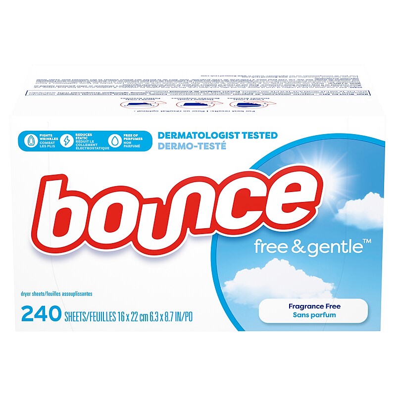 Bounce Free & Gentle Fabric Softener Dryer Sheets, Unscented, 240 Sheets/Box (24684) image 1